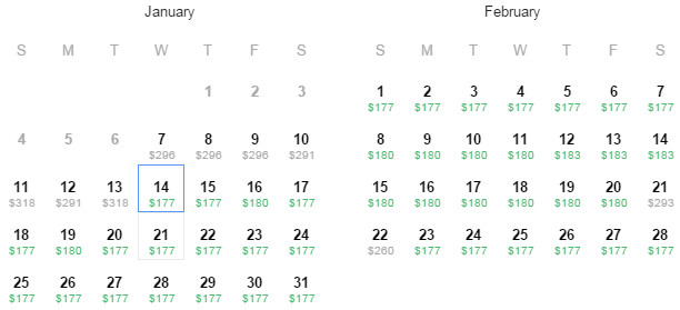 Flight Availability: Dallas to Boston as of 2:54 PM on 1/7/2015