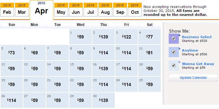 Flight Availability: Dallas to Las Vegas as of 7:15 PM on 2/20/2015.