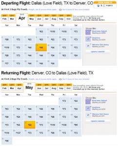 Flight Availability: Dallas to Denver as of 2:04 PM on 2/23/2015 (Southwest) [IMAGE LINK]