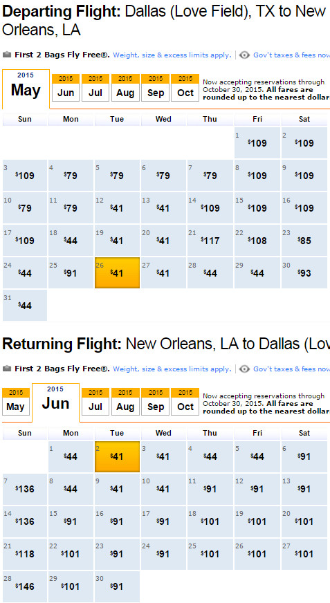Flight Availability: Dallas to New Orleans as of 11:06 PM on 5/1/2015.