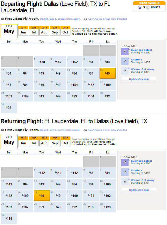 Flight Availability: Dallas to Fort Lauderdale as of 9:41 AM on 5/5/2015.