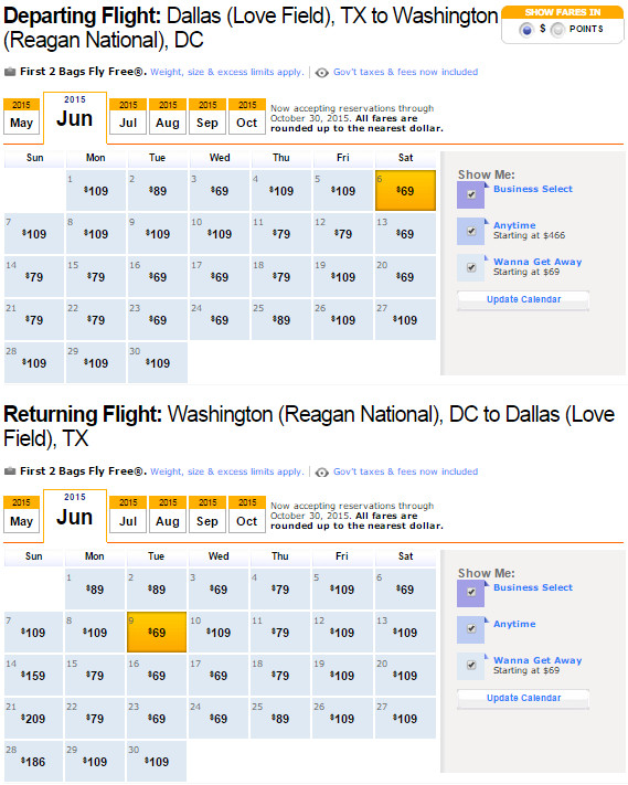 Flight Availability: Dallas to Washington, DC as of 7:15 PM on 5/13/2015.