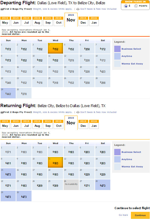 Flight Availability: Dallas to Belize as of 5:18 PM on 5/15/15.