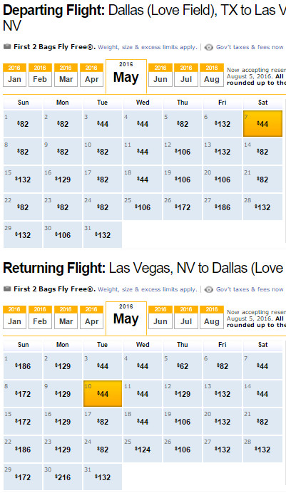 SOUTHWEST Flight Availability: Dallas to Las Vegas as of 3:00 PM on 1/7/16.