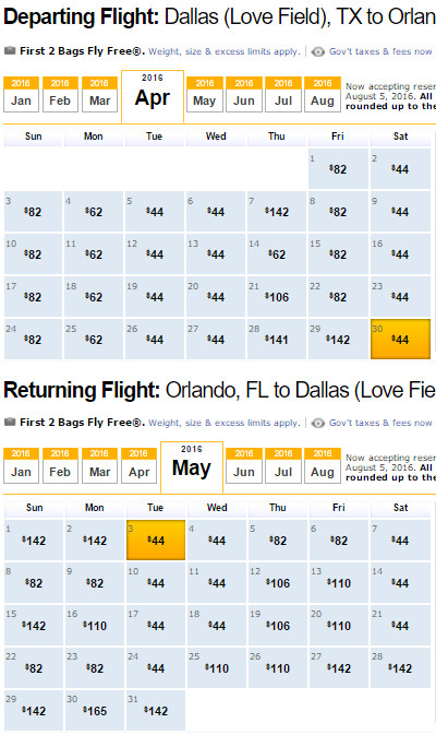 Flight Availability: Dallas to Orlando as of 12:24 PM on 01/07/2016.