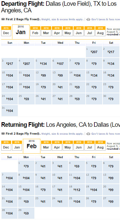 Southwest Flight Availability: Dallas to Los Angeles as of 2:00 PM on 12/12/15.