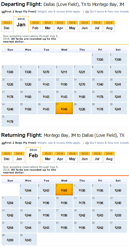 Flight Availability: Dallas to Montego Bay as of 2:31 PM on 12/22/15.