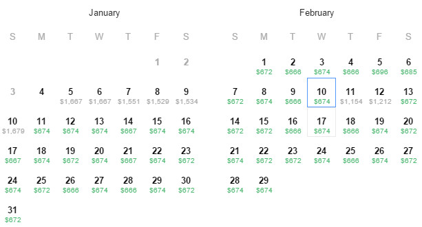 Flight Availability: Dallas to Vienna as of 9:27 PM on 1/4/16.