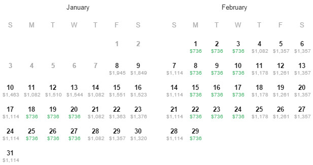 Flight Availability: Dallas to London as of 2:13 PM on 1/8/16.