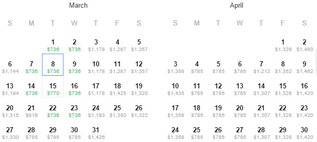 Flight Availability: Dallas to London as of 2:13 PM on 1/8/16.