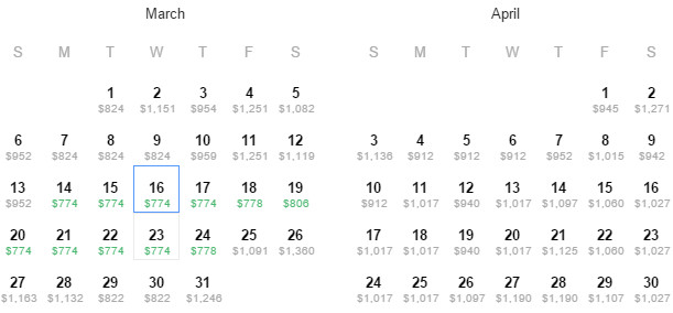 Flight Availability: Dallas to Paris as of 6:00 PM on 1/23/16.