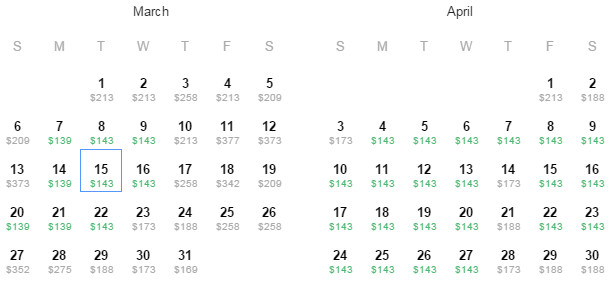 Flight Availability: Departing Dallas to Santo Domingo as of 1:14 PM on 2/29/16.