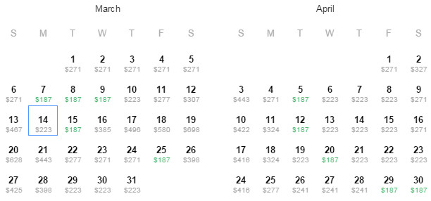 Flight Availability: Departing Dallas to Santo Domingo as of 1:14 PM on 2/29/16.