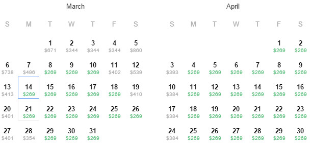 Flight Availability: Dallas to Montreal as of 2:35 PM on 3/1/16.