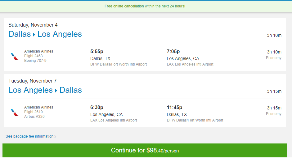 Flights: Dallas to/from Angeles $98 r/t – American