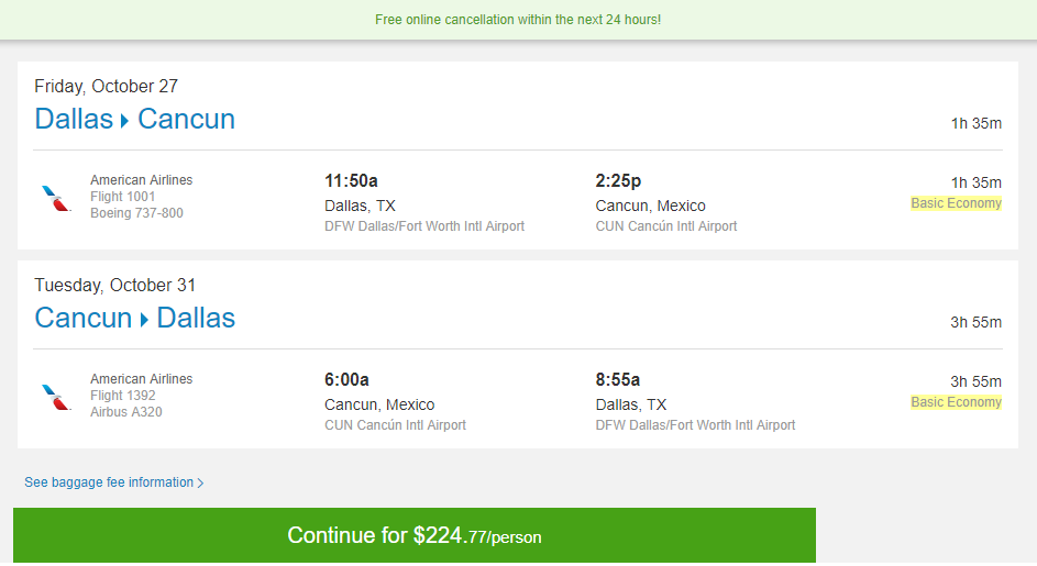 Nonstop Flights Dallas to from Cancun 225 r t American