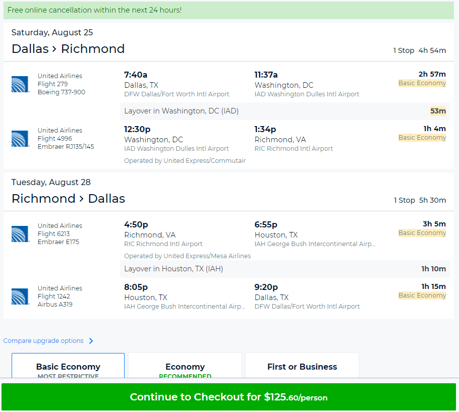 Cheap Flights Dallas to from Richmond Virginia 126 r t United