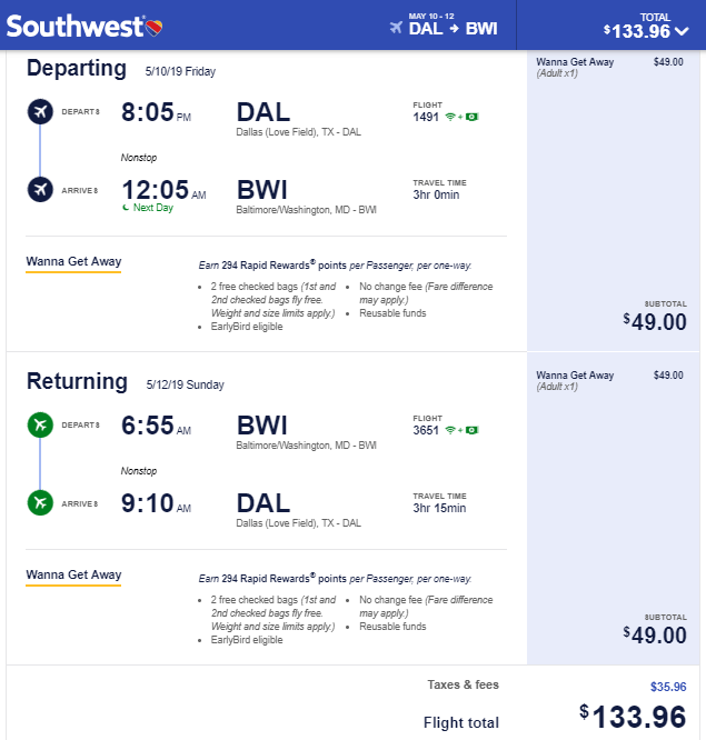 Nonstop Flights Dallas to from Baltimore 134 r t Southwest