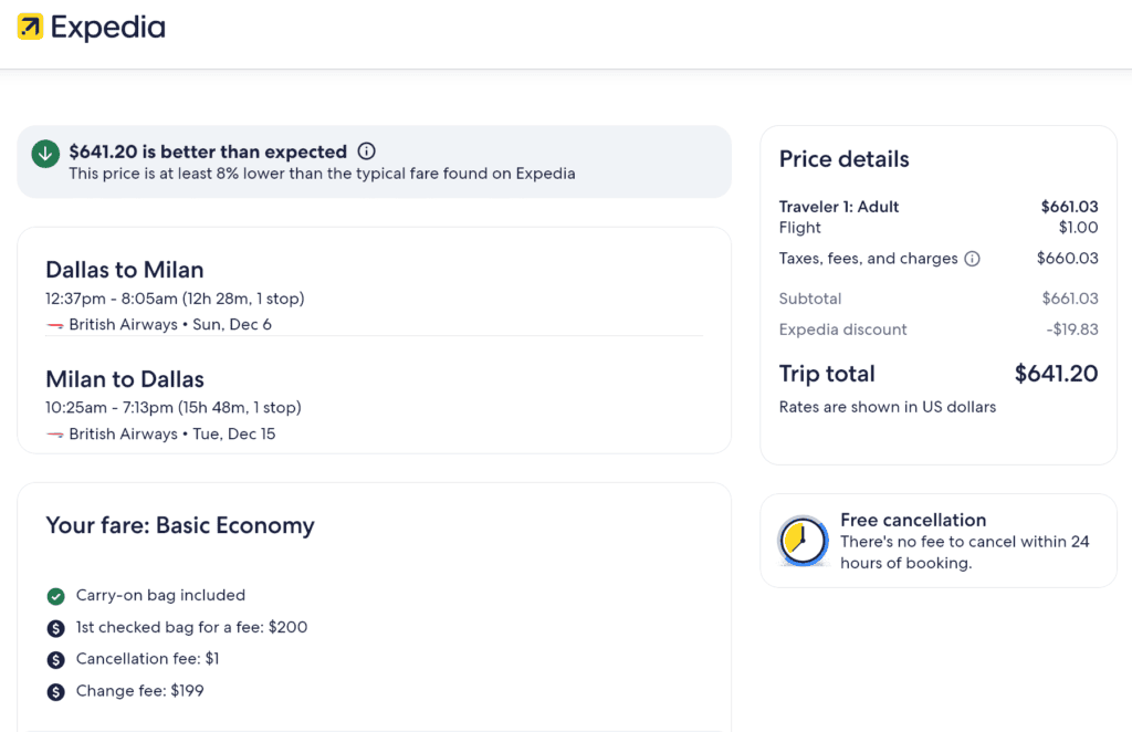 Example Screenshot of DFW-MXP airfare deal.